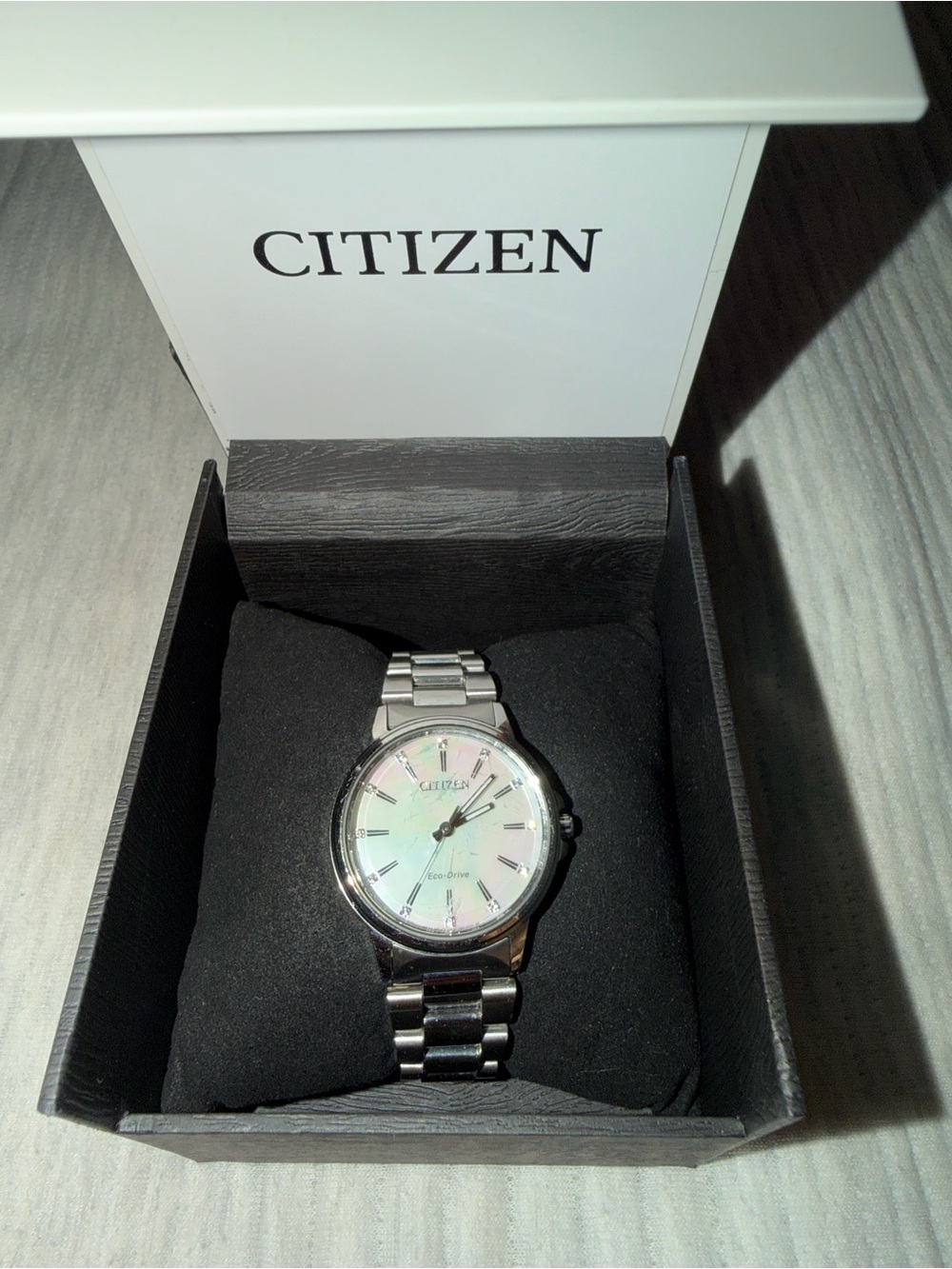 Citizen Silver Stainless Steel Watch with Iridescent Mother-of-Pearl Dial